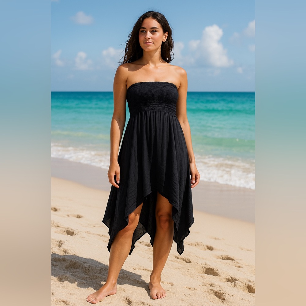 Mr Buho Black Cotton Gauze Smocked Skirt Dress 2 Way Sz One Size Costal Beach